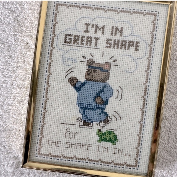 SOLD-Vintage Handmade Needlepoint Workout Bear Art - Picture 9 of 9